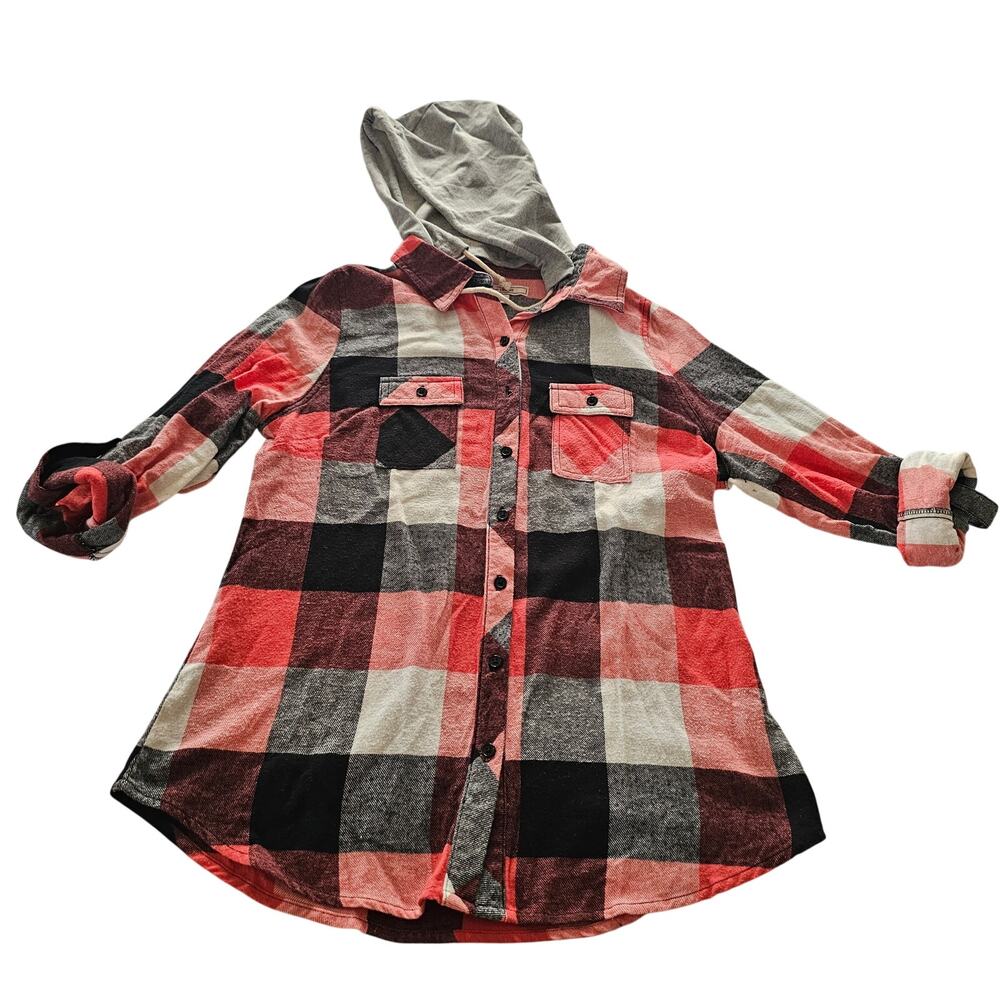 Adam Levine Women's Flannel Button Up Hoodie Top, Red Black White, Size L - Picture 3 of 11